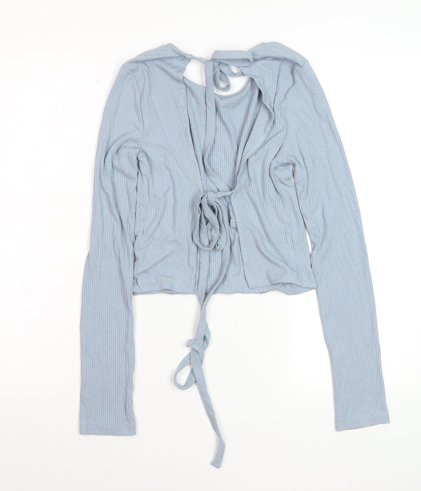 NA-KD Women Blue Cropped Long Sleeve Tie Front Top Size M