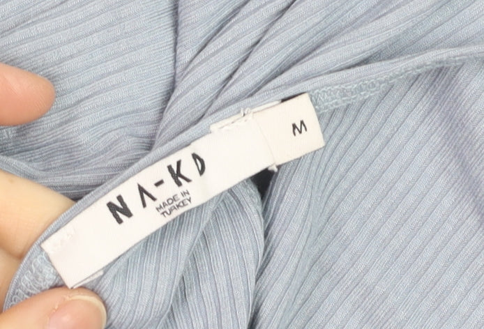 NA-KD Women Blue Cropped Long Sleeve Tie Front Top Size M