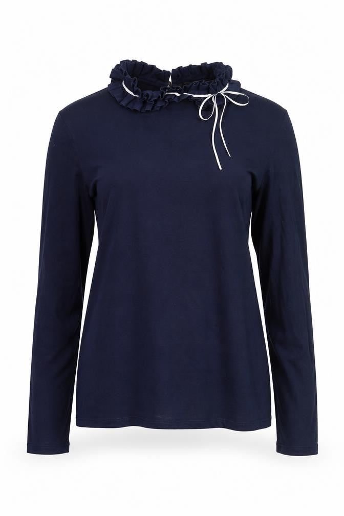 Ted Baker Women Blue Ruffle High Neck Long Sleeve Cotton Blouse Size 14