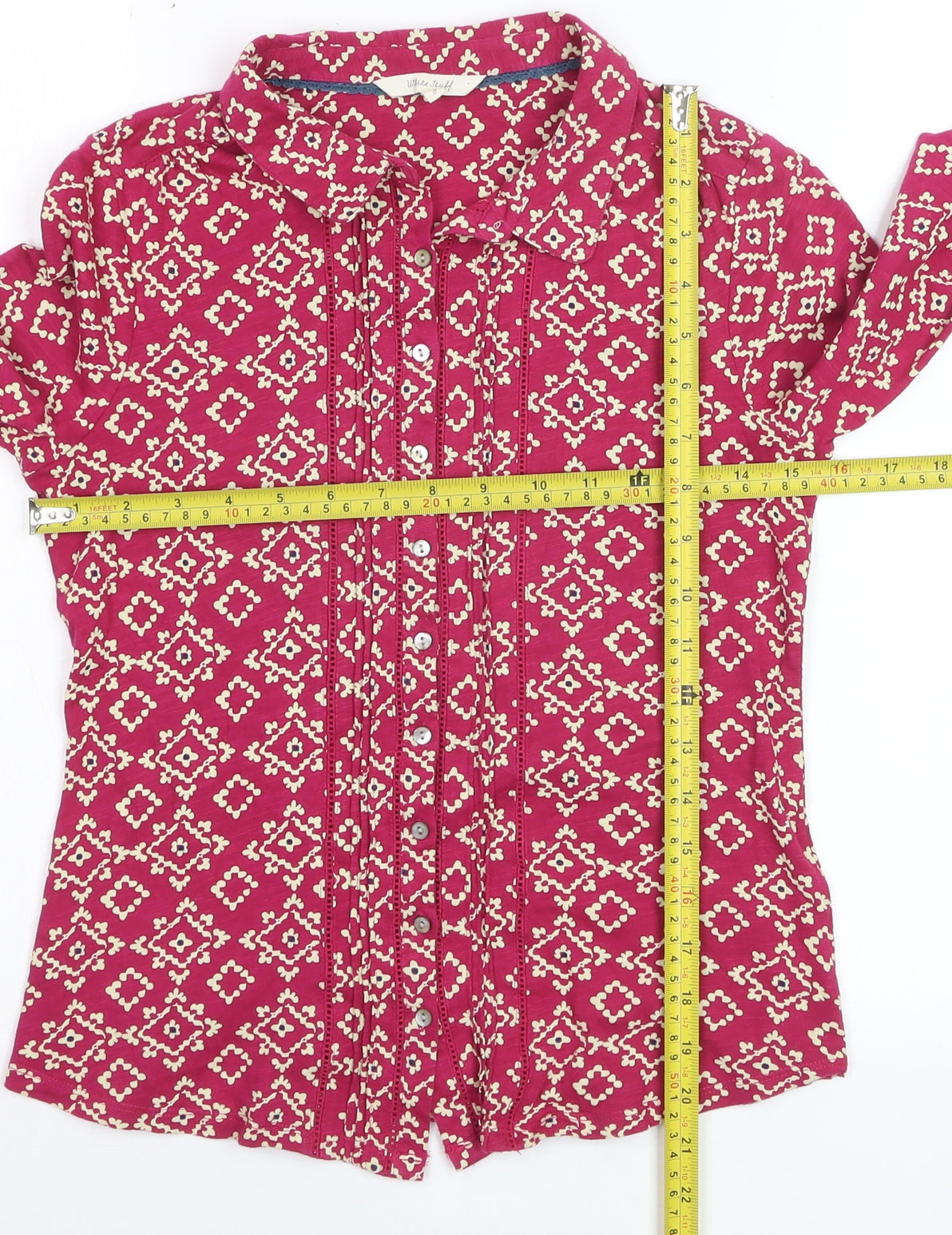 White Stuff Women Pink Geometric Cotton Blouse Size 8 Long Sleeve