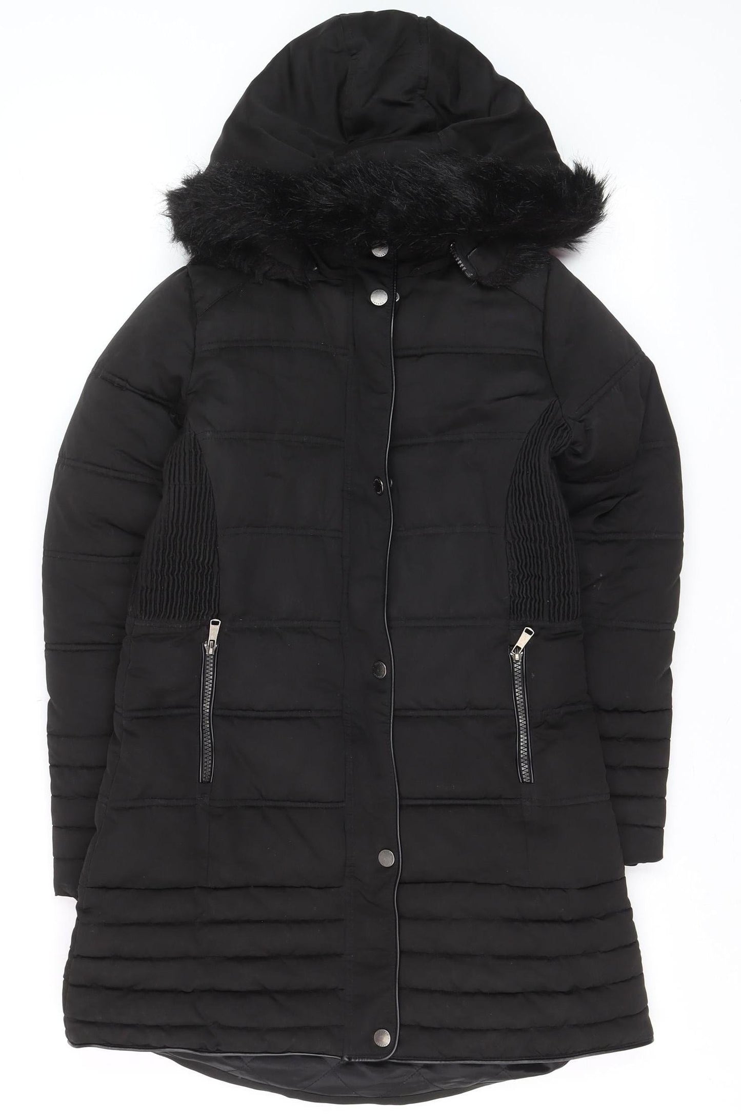 Firetrap Girls Black Long Hooded Puffer Coat 11-12 Years Faux Fur Trim