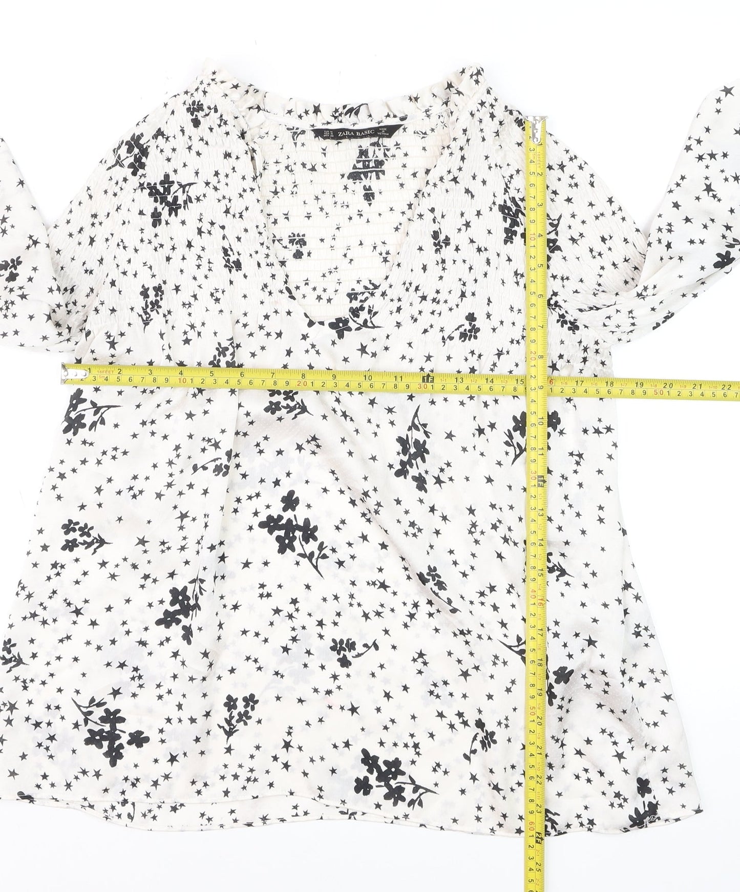 Zara Women White Floral Star Tunic Blouse Size 12 Long Sleeve