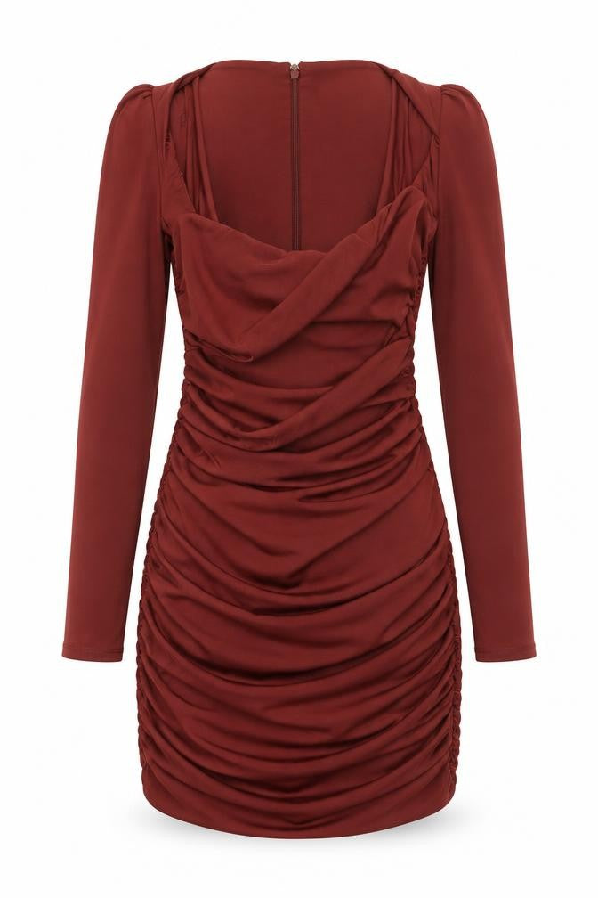 Oh Polly Women’s Brown Ruched Bodycon Mini Dress UK 6 Long Sleeve