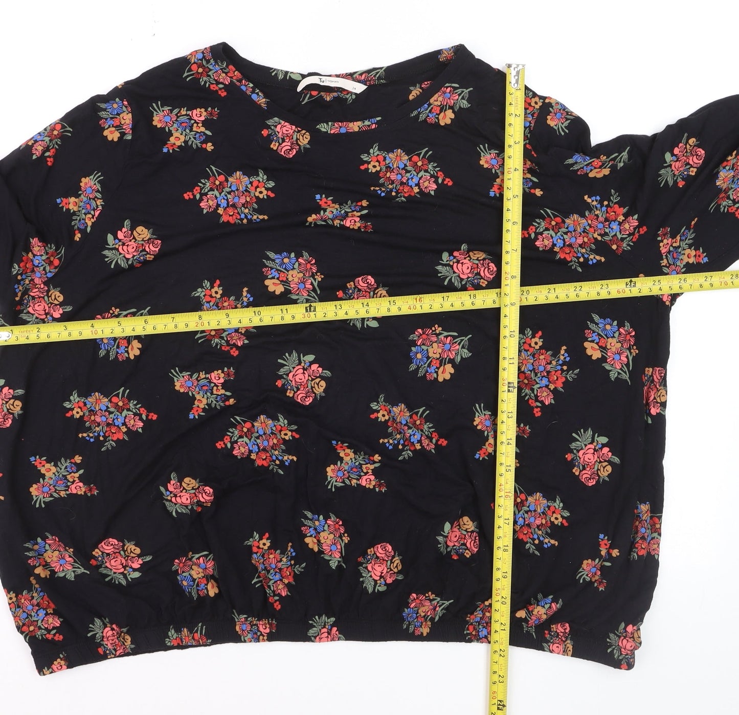 Tu Women Black Floral Tunic Blouse Size 24 3/4 Sleeve Viscose