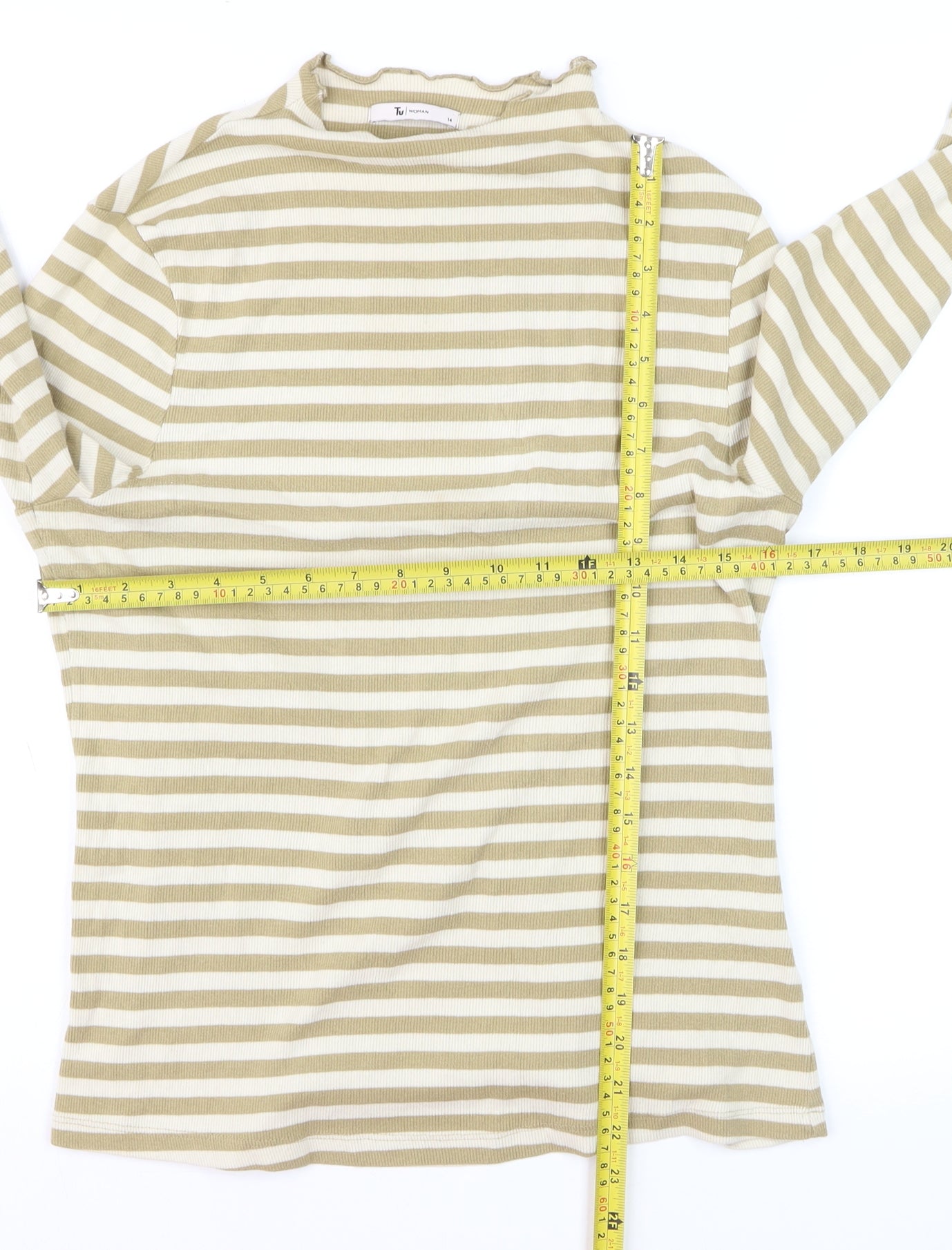 Tu Women Beige Striped Long Sleeve Mock Neck Cotton T-Shirt Size 14
