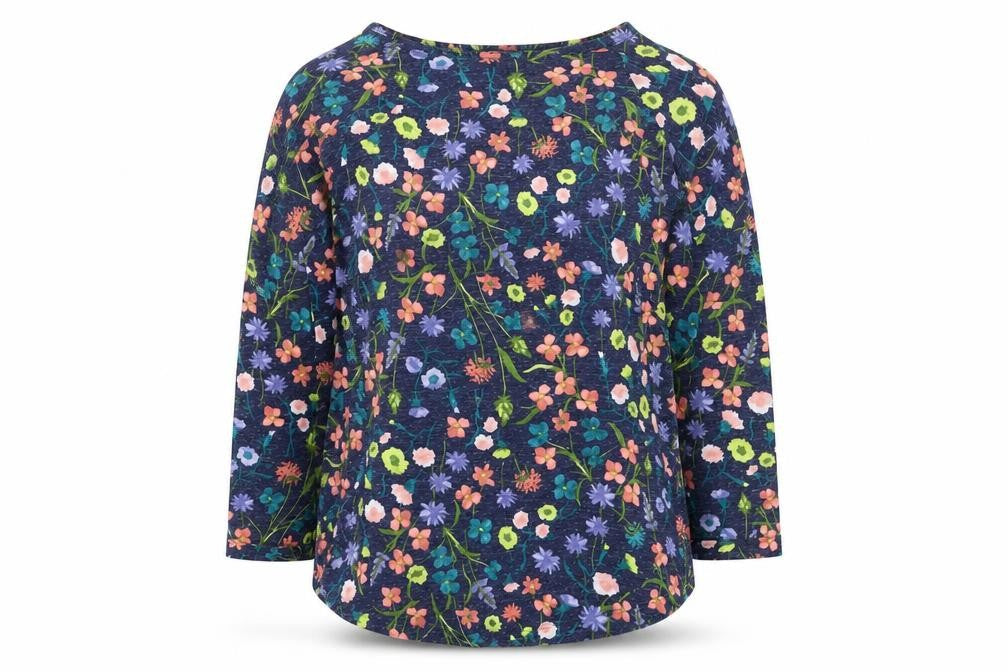 Marks & Spencer Women Blue Floral 3/4 Sleeve Linen Blend T-Shirt Size 10