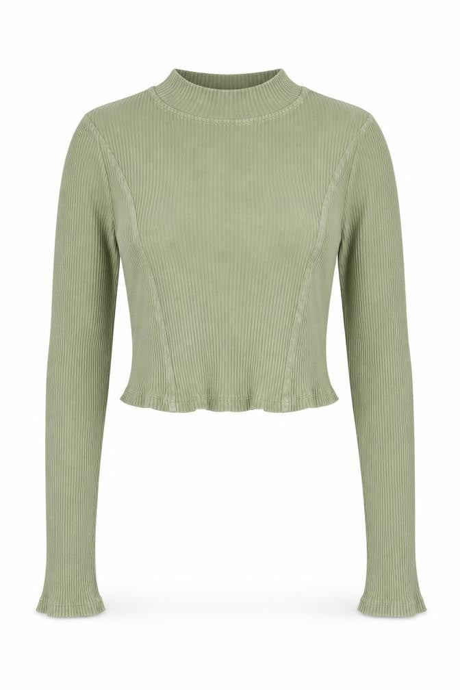 PRETTYLITTLETHING Women’s Green Ribbed Mock Neck Cropped Long Sleeve Top Size 4