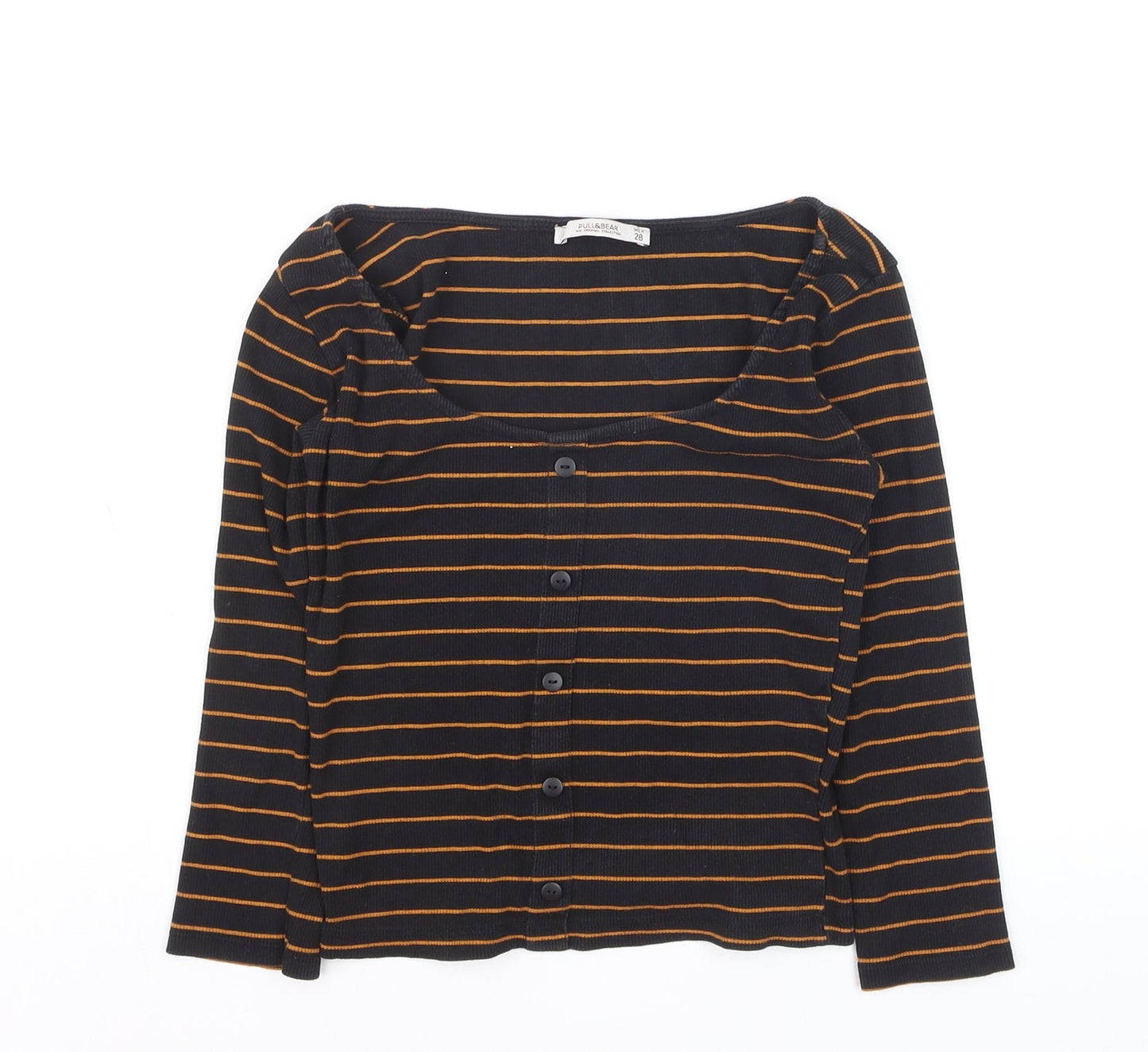 PULL&BEAR Womens Black Striped Cropped Long Sleeve Button-Up Top Size 6