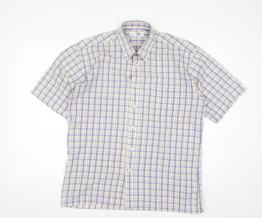 Marks and Spencer Men's Blue Check Short Sleeve Button-Up Shirt 15.5 Regular Fit