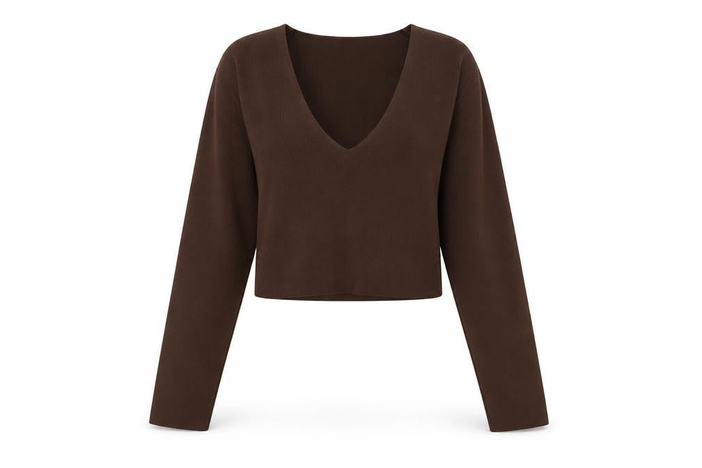 Stradivarius Women Brown V-Neck Long Sleeve Slim Knit Pullover Jumper Size 8