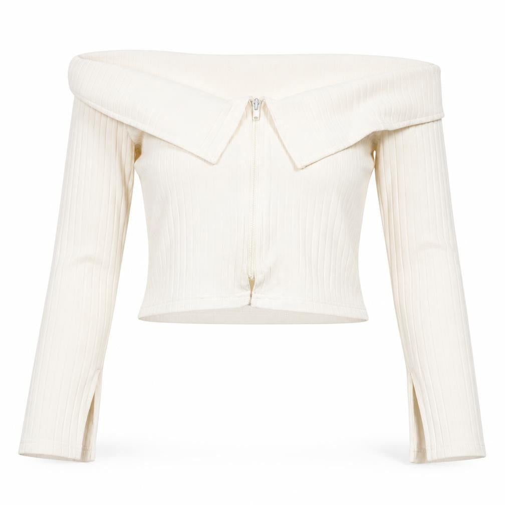 PRETTYLITTLETHING Women’s Ivory Off Shoulder Zip Rib Knit Jumper Size 10