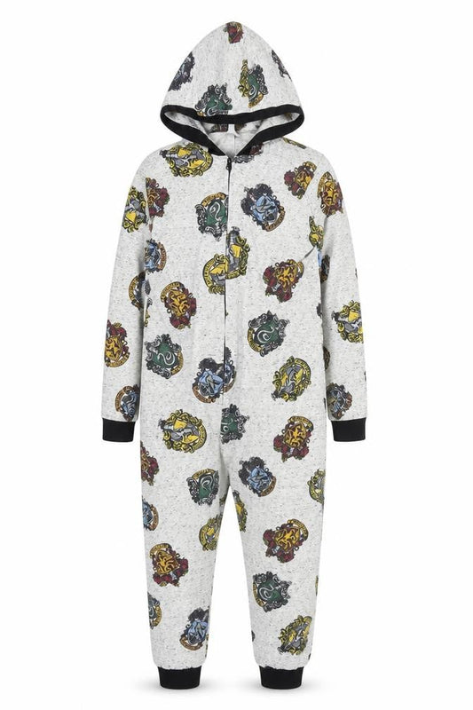 Harry Potter Boys Grey Hooded One Piece Pyjamas Size 11-12 Years Hogwarts Print