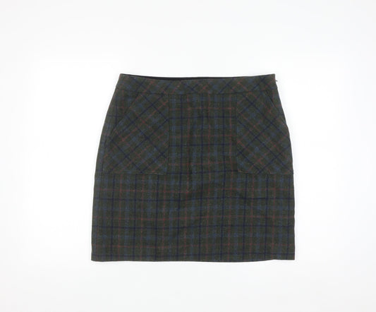 White Stuff Women's Green Wool Tweed Plaid Pencil Skirt UK 12