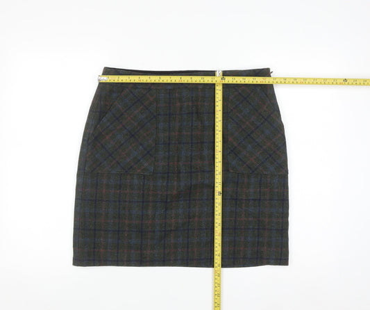 White Stuff Women's Green Wool Tweed Plaid Pencil Skirt UK 12