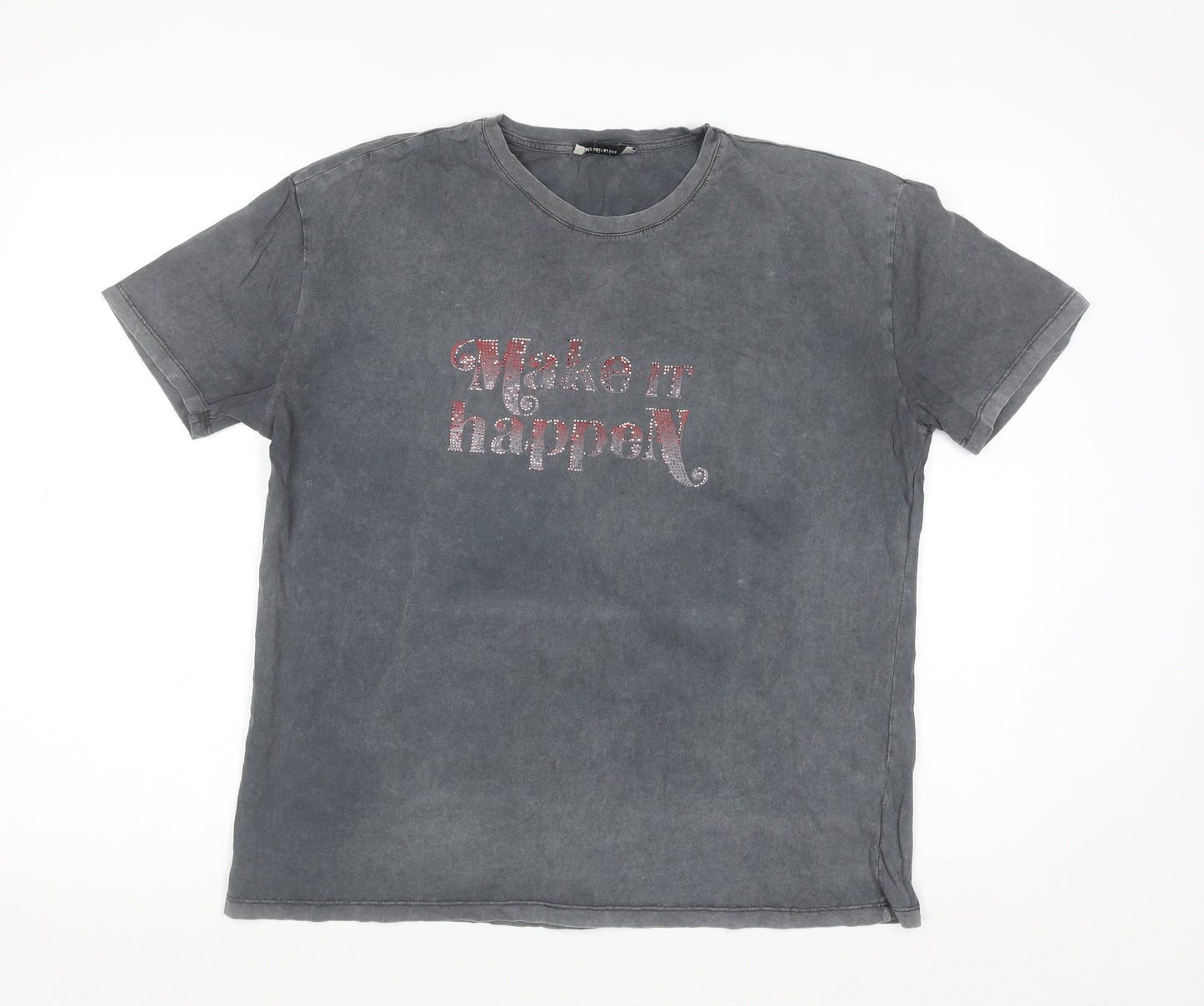 Stradivarius Womens Grey Rhinestone T-Shirt Size 14 Regular Fit