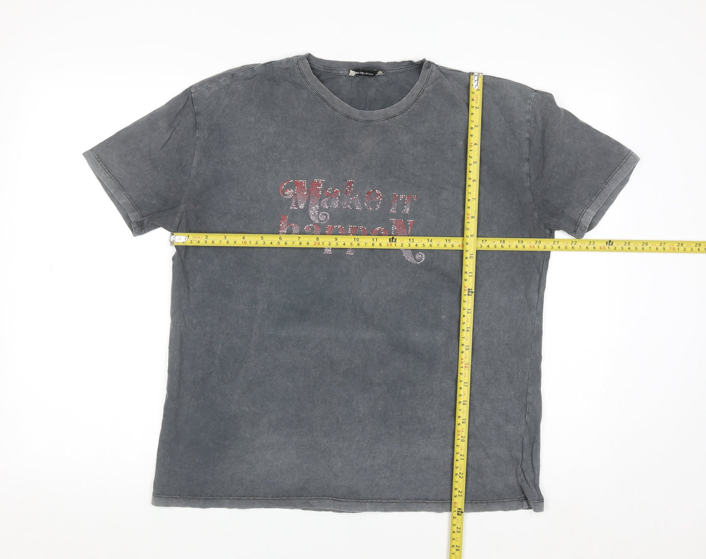 Stradivarius Womens Grey Rhinestone T-Shirt Size 14 Regular Fit
