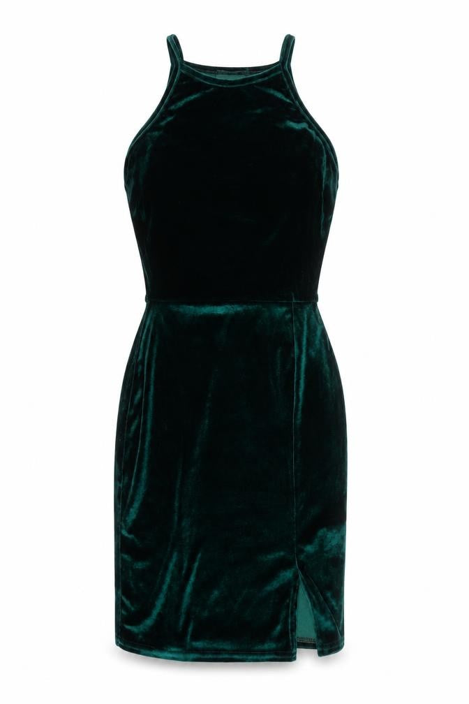 PRETTYLITTLETHING Women’s Green Velvet Bodycon Halter Mini Dress Size 8