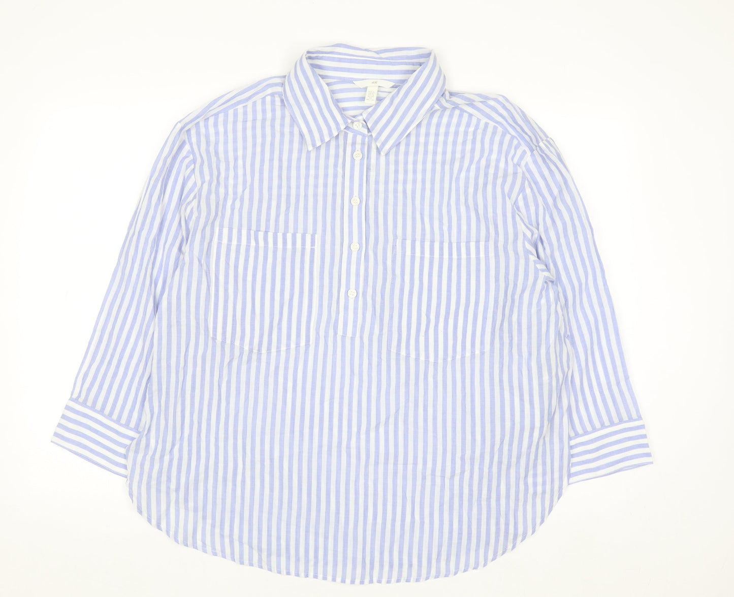 H&M Women Blue Striped Cotton Button-Up Shirt Size 14