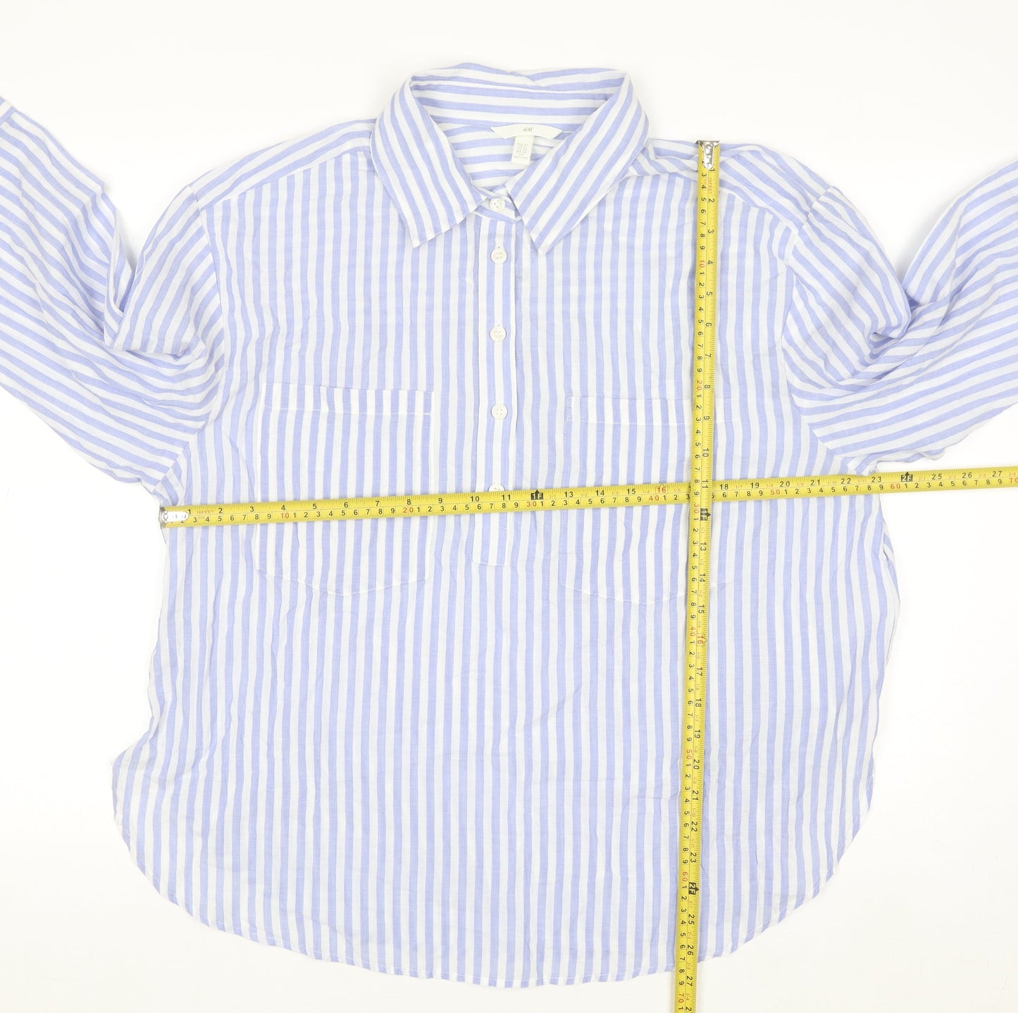 H&M Women Blue Striped Cotton Button-Up Shirt Size 14