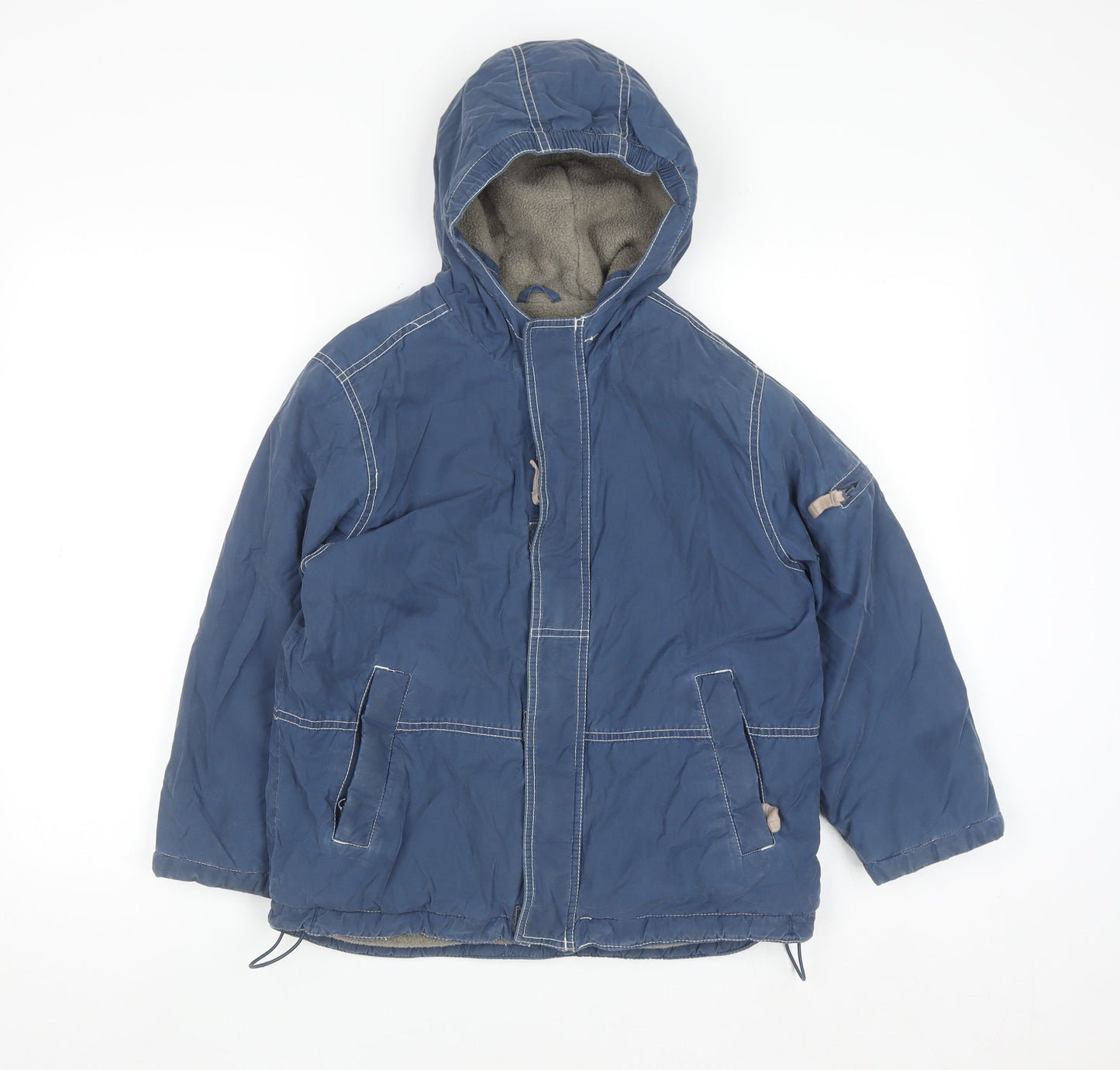 Mini Boden Boys Blue Hooded Parka Coat 7-8 Years Lined Winter Jacket