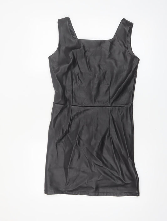 Primark Girls Black Faux Leather Bodycon Dress 13-14 Years Sleeveless Zip Back