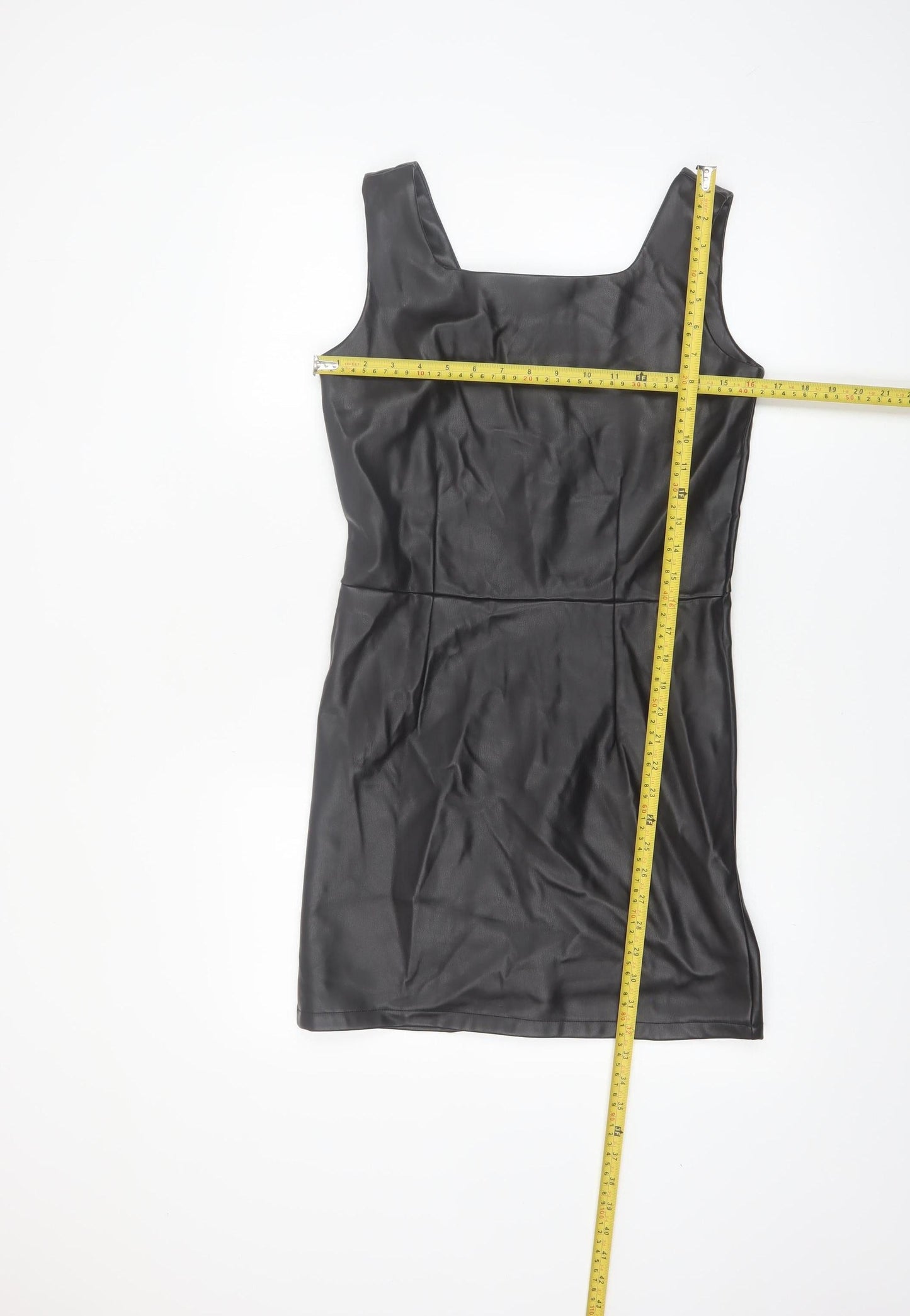 Primark Girls Black Faux Leather Bodycon Dress 13-14 Years Sleeveless Zip Back