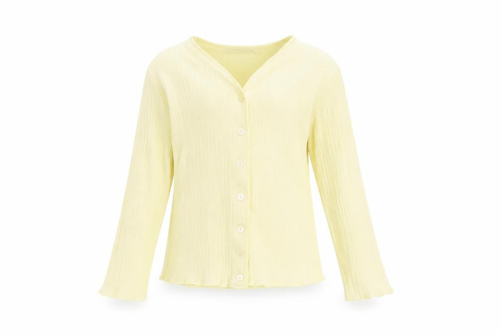 Front view of Marks & Spencer girls’ yellow button-up top 7-8 years cotton v-neck