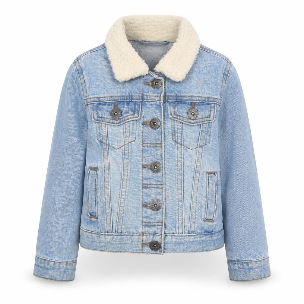 Front view of Lily & Dan girls’ blue denim faux fur collar jacket 3-4 years