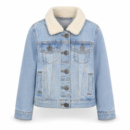 Front view of Lily & Dan girls’ blue denim faux fur collar jacket 3-4 years