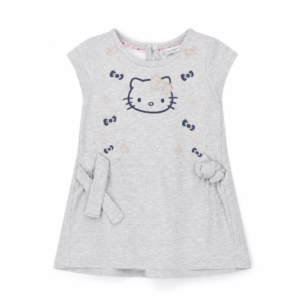 Front view of Hello Kitty girls’ grey t-shirt dress 18-24 months cotton casual bow detail