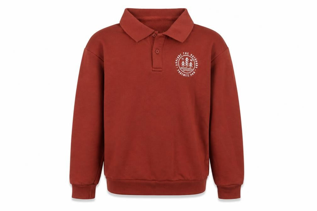 Front view of Dunnes boys’ brown collared henley sweatshirt 10-11 years outdoor graphic