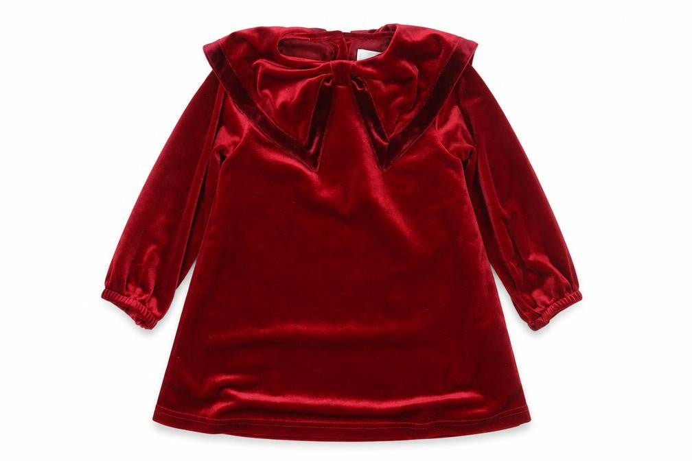 Front view of Leigh Tucker Willow girls’ red velvet bow dress 18-24 months party wear