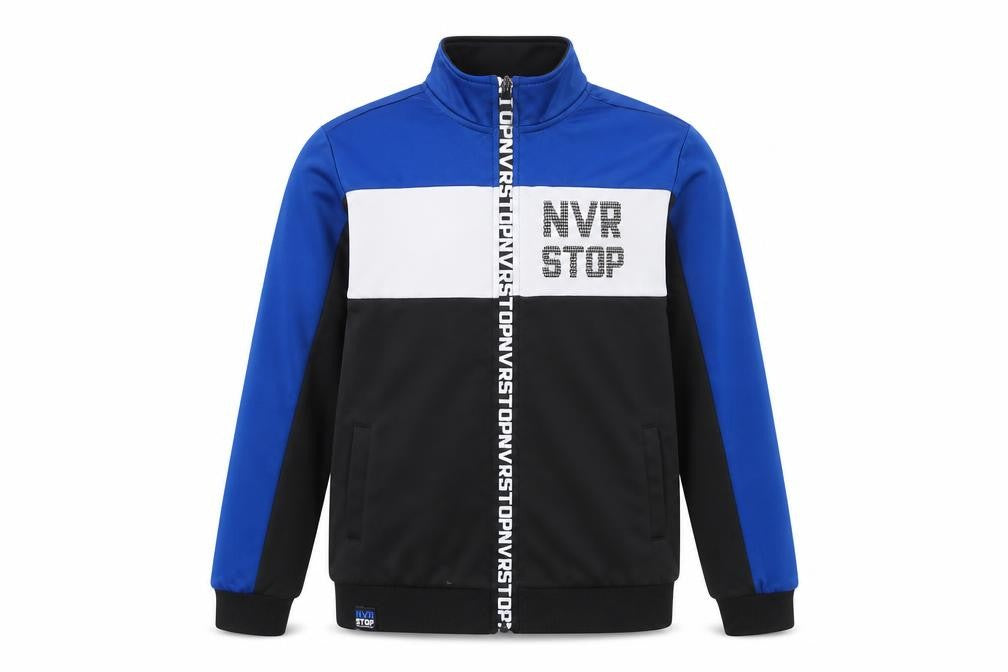 Front view of Cool Club boys’ blue colourblock track jacket, size 146, full zip sports style