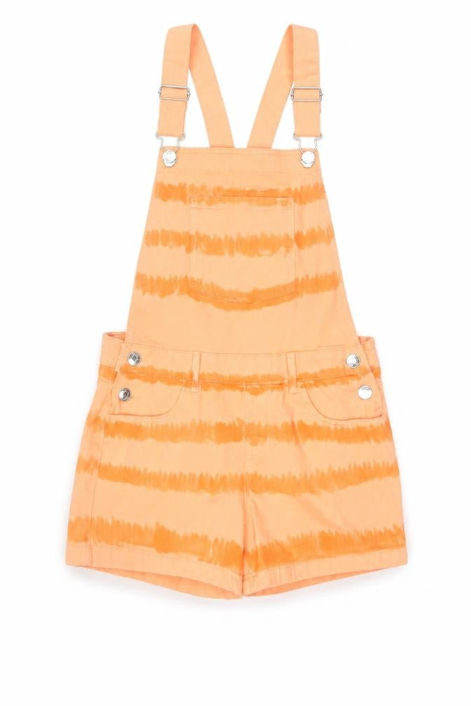Front view of Denim Co girls’ orange tie dye cotton dungaree shorts 9-10 years casual