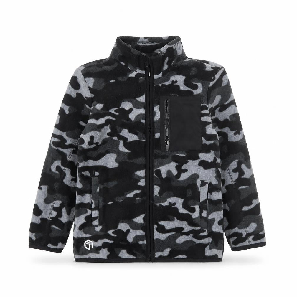Front view of F&F boys’ black camouflage fleece full zip jacket 8-9 years