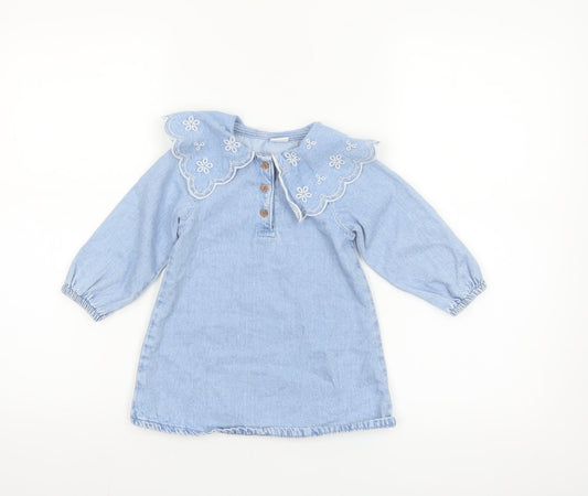 Next Girls Blue Cotton Long Sleeve Embroidered Collar Shirt Dress 18-24 Months