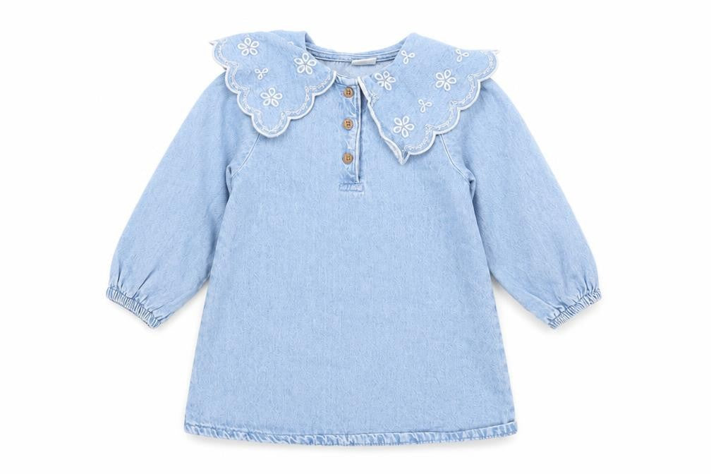 Front view of Next girls’ blue cotton long sleeve embroidered collar shirt dress 18-24 months