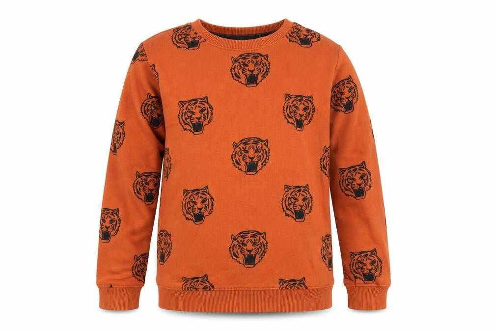 Front view of H&M boys’ orange tiger print crew neck sweatshirt 8-10 years cotton blend