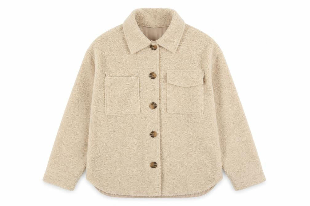 Front view of Dunnes girls’ beige fleece shirt jacket 10-11 years