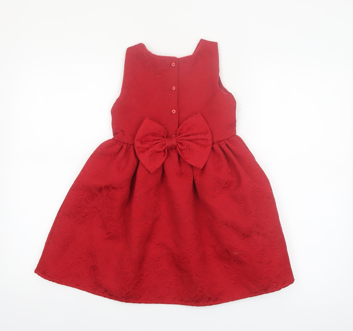 Primark Girls Red Jacquard Bow Party Dress 6-7 Years Sleeveless A-Line