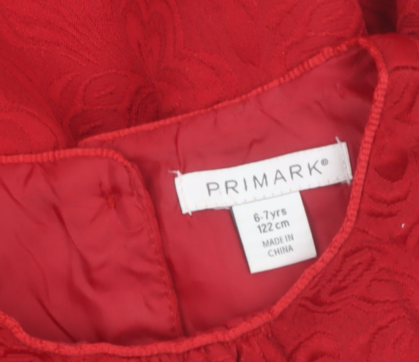 Primark Girls Red Jacquard Bow Party Dress 6-7 Years Sleeveless A-Line