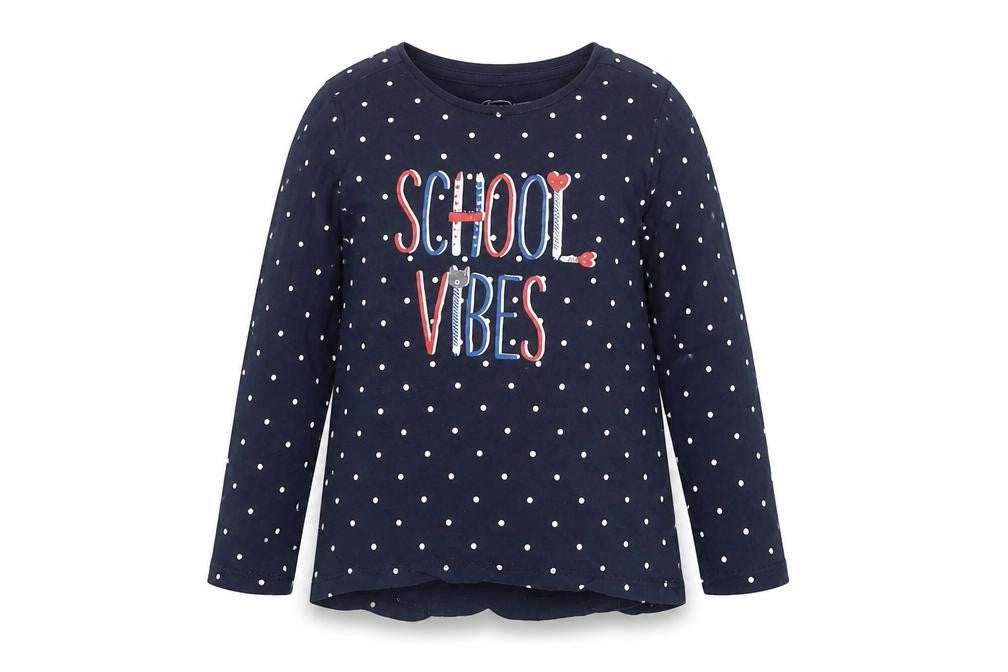 Front view of Little Kids girls’ blue polka dot long sleeve school vibes cotton t-shirt 3-4 years