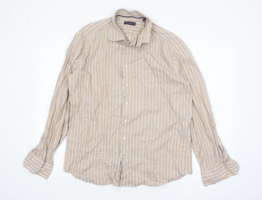 Tommy Hilfiger Mens Beige Striped Long Sleeve Cotton Shirt 16in