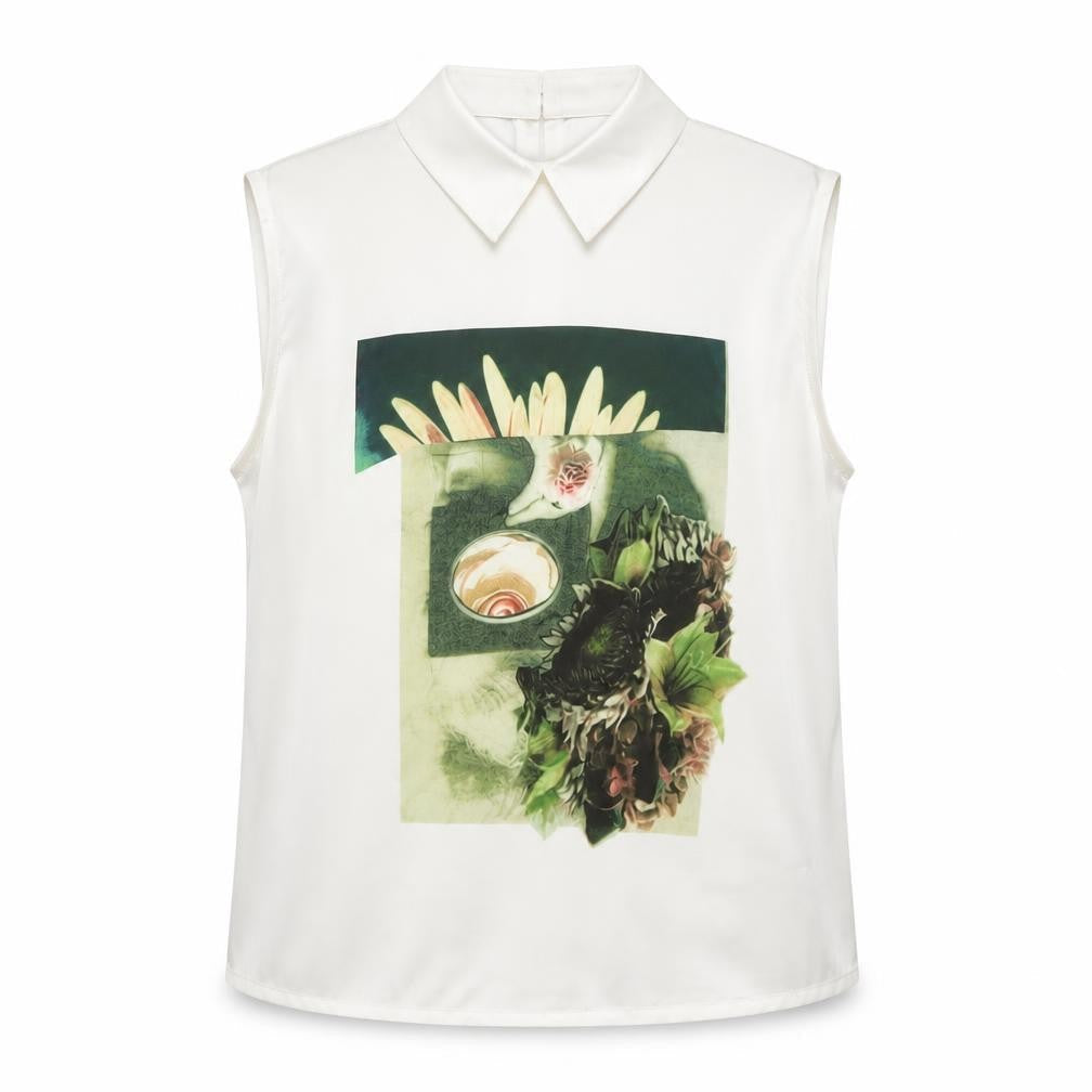 Rowen Avenue Women’s White Sleeveless Collared Floral Blouse Size 10