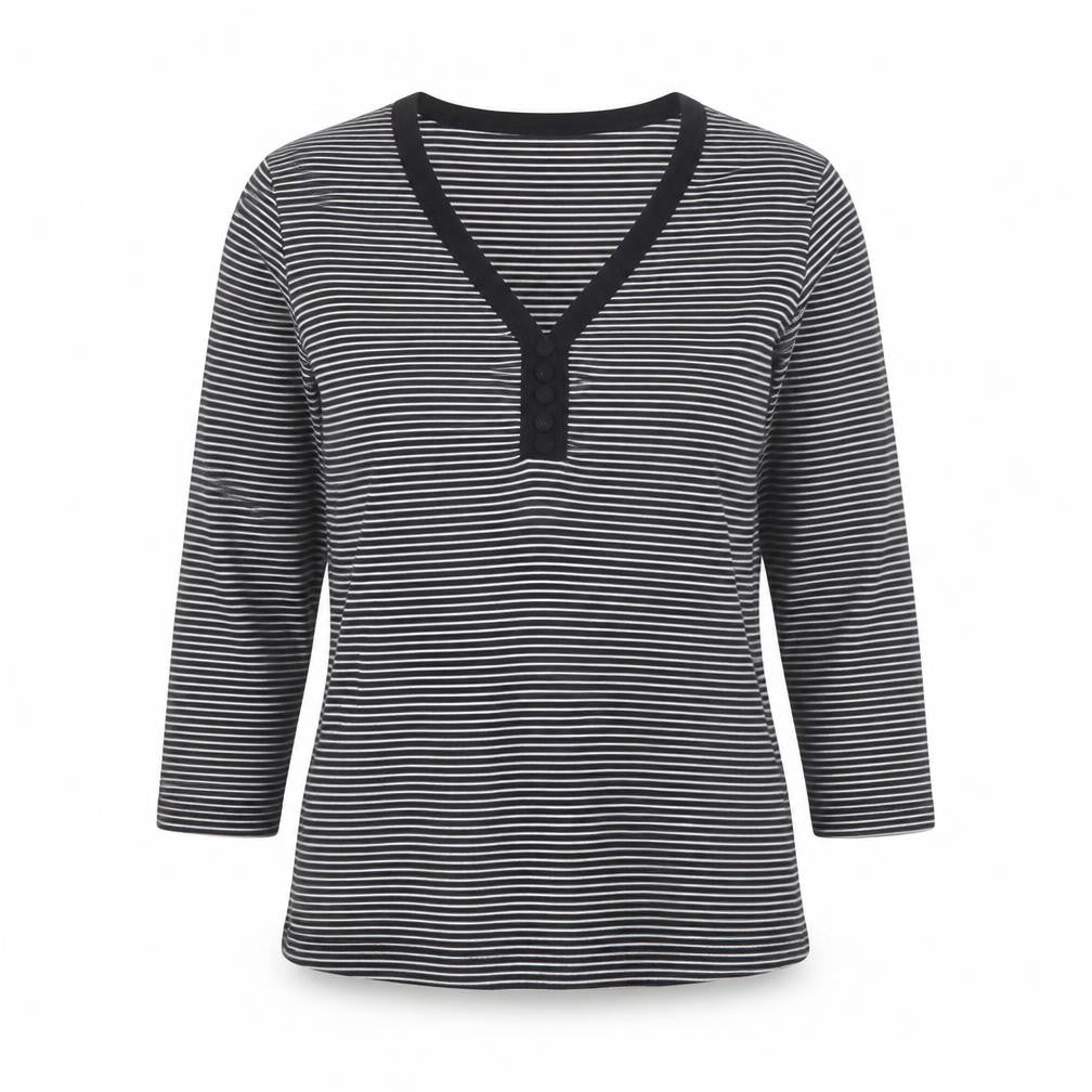 Poppy Women’s Black Striped V-Neck 3/4 Sleeve T-Shirt Size 10