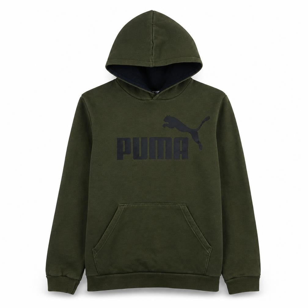 Front view of Puma boys’ green pullover hoodie sweatshirt, size 9, classic fit