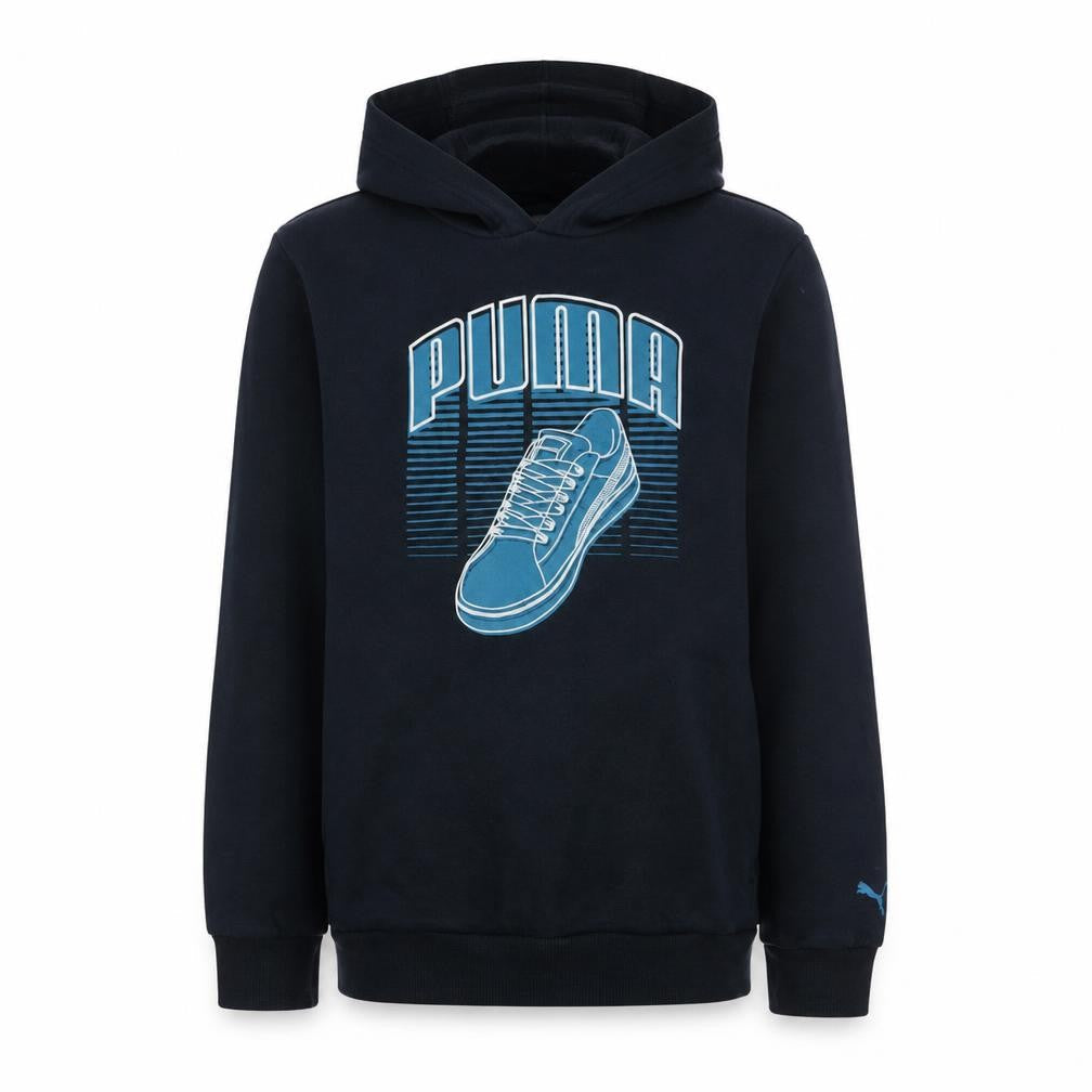 Front view of Puma boys’ black pullover hoodie, size 164, graphic print fleece sweatshirt