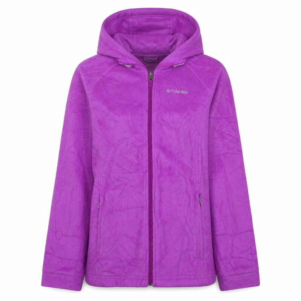 Front view of Columbia girls’ purple fleece full zip hooded jacket, size L