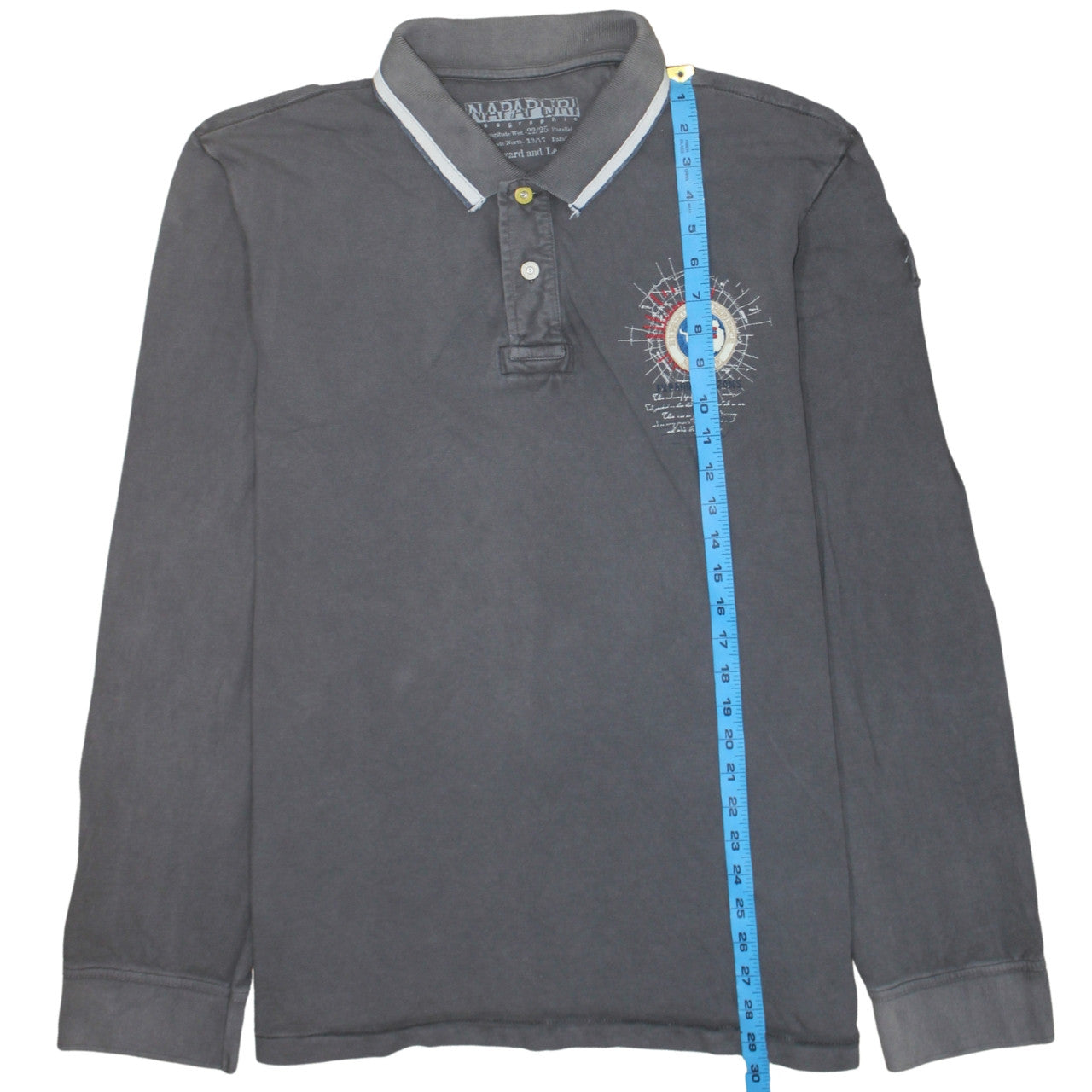 Napapijri Men's Grey Long Sleeve Polo Shirt Size L Cotton Embroidered
