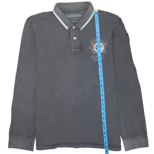 Napapijri Men's Grey Long Sleeve Polo Shirt Size L Cotton Embroidered